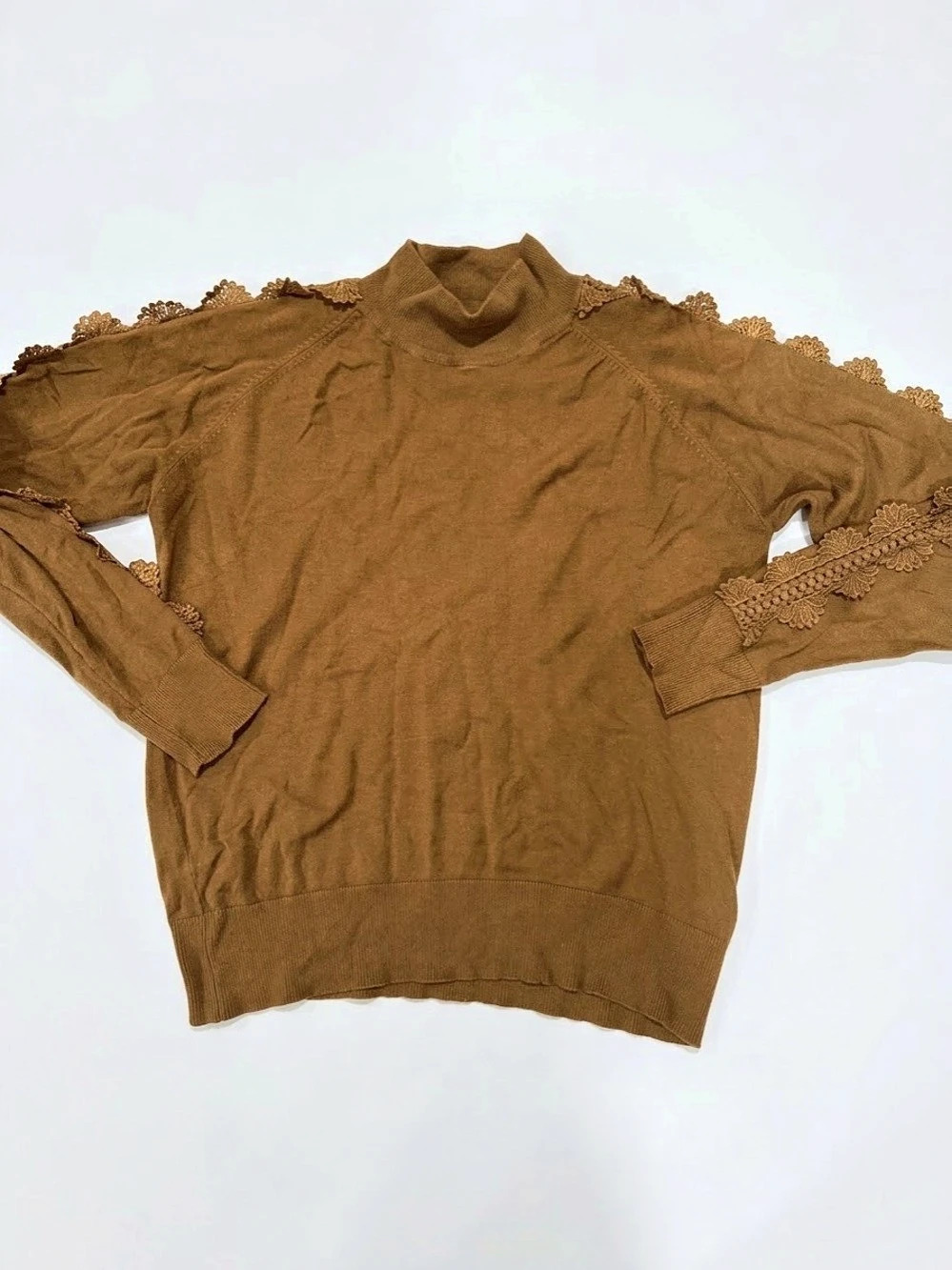 BlendShe Mock Neck Long Sleeve Sweater Brown Crochet Lace Detail Size S Fall